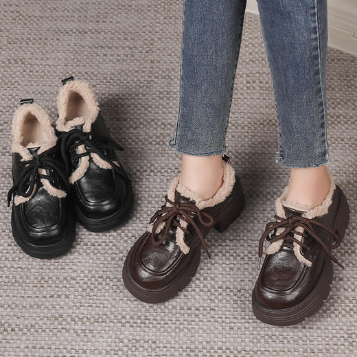 丁摩 牛皮厚底加绒乐福鞋女新冬款保暖增高系带英伦风复古风小皮鞋5ZF-2865 商品图3