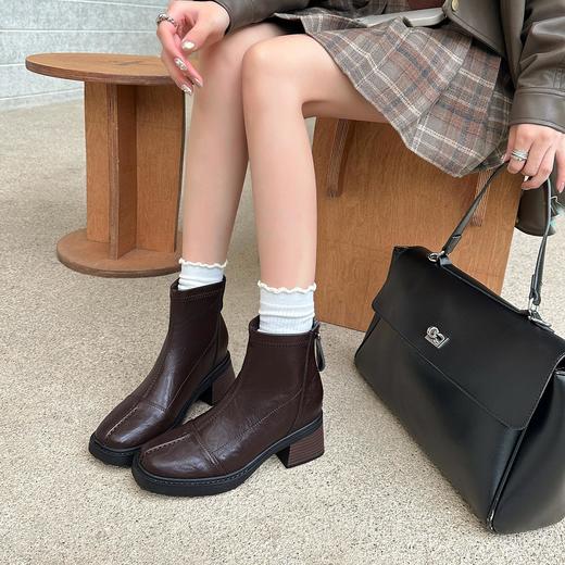 【粗跟法式短靴】女2025秋冬加绒高跟马丁靴复古弹力瘦瘦靴切尔西靴子 商品图3