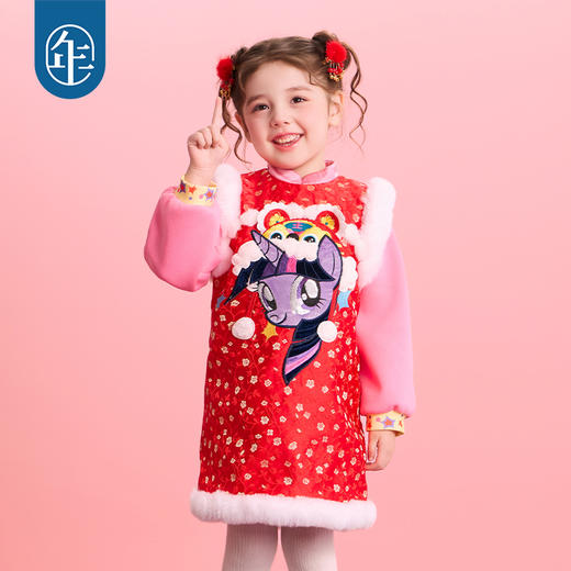 小马宝莉联名年衣童装旗袍连衣裙冬季新款女童小马宝莉新年刺绣旗袍 商品图3