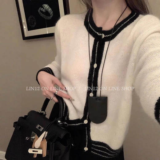 秋冬新款100纯羊毛衫开衫！女圆领撞色慵懒设计感毛衣外套时尚上衣！ 商品图2