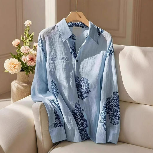 丁摩 重工高端别致超好看独特法式上衣蓝色印花衬衫女新款5ZF-9034 商品图1