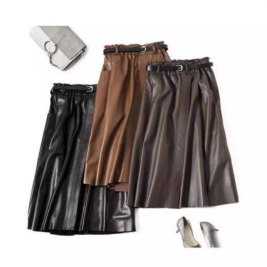 丁摩 真皮绵羊皮中长款A字伞裙中长款裙 商品图0