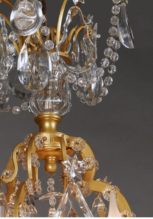 独角鹿西洋古董 1880年代法国出品路易十五风格「鸟笼」主题铜鎏金四枝头烛台式水晶吊灯 商品图3