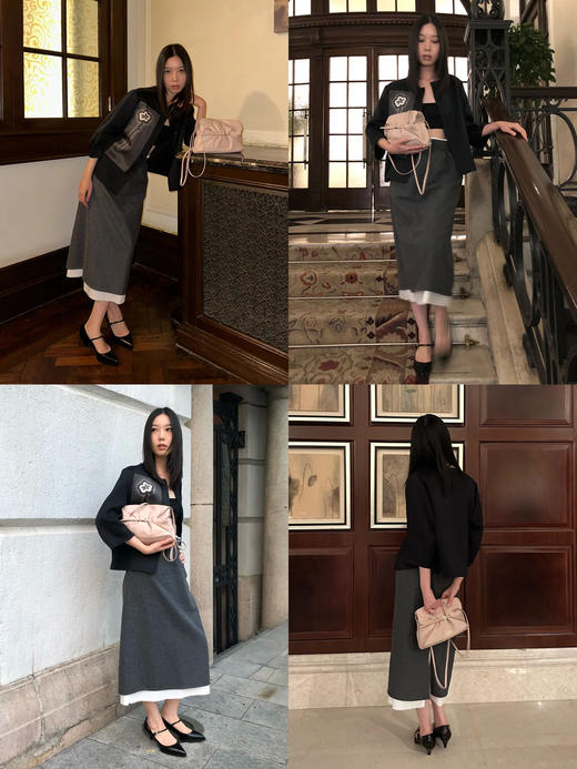 HIDEMI 进口烟灰色初剪羊毛白色边拼接假两件H型半身裙长裙 商品图1