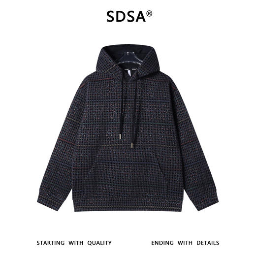 SDSA男士秋冬新款痞帅男装简约时尚绒毛彩色格纹抽绳连帽卫衣潮流 商品图0