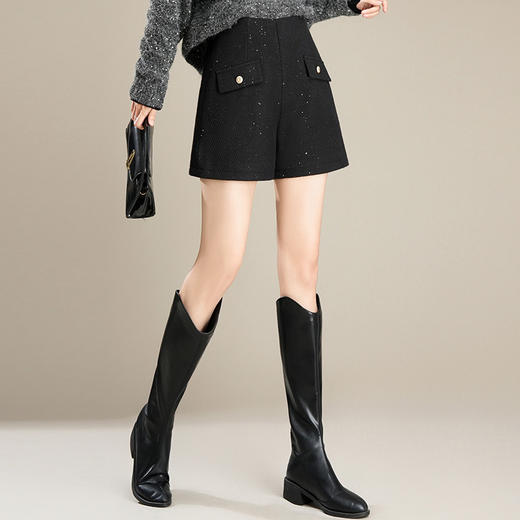 「自」全新升级【铂金会员128/天猫169/差价41】(05831)洛诗琳气质毛呢短裤2025秋冬新款加厚高腰显瘦阔腿短裤女 商品图1