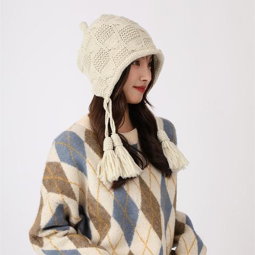 秋冬帽子女百搭流苏铃铛毛线帽秋冬保暖护耳红色手工针织帽 商品图9