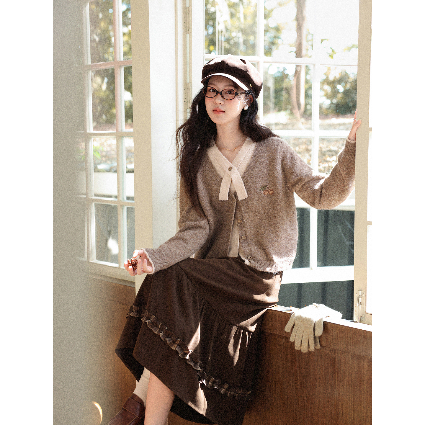 鹿向南「棕意霜柔」气质假两件毛衣女秋新款法式卡其色针织衫上衣