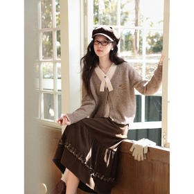 鹿向南「棕意霜柔」气质假两件毛衣女秋新款法式卡其色针织衫上衣