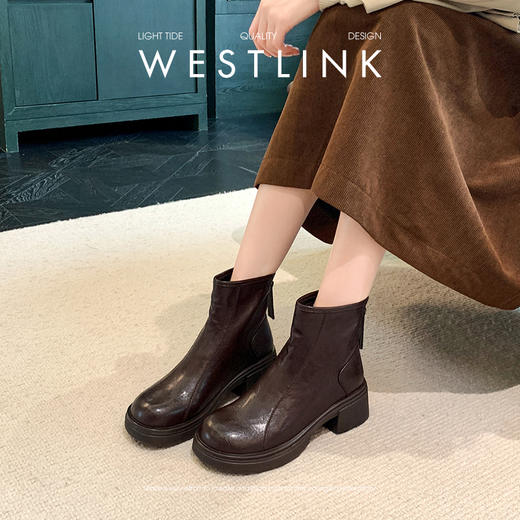 西遇厚底短靴女新款秋冬复古百搭黑色马丁靴子圆头增高瘦瘦靴V2257253 商品图1