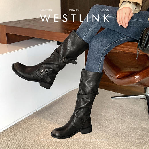 西遇不过膝长筒靴女新款秋冬复古英伦风骑士靴圆头粗跟长靴子V2257245 商品图2