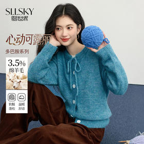 【11/19新品】熙世界慵懒风蓝色厚毛衣短外套女2025秋冬新款蝴蝶结圆领针织开衫
