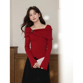鹿向南「都市丽人」红色长袖毛针织衫秋冬不规则设计感时尚上衣女