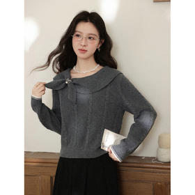 鹿向南「轻雅加州」不规则荷叶领长袖针织毛衣女秋深灰色短款上衣