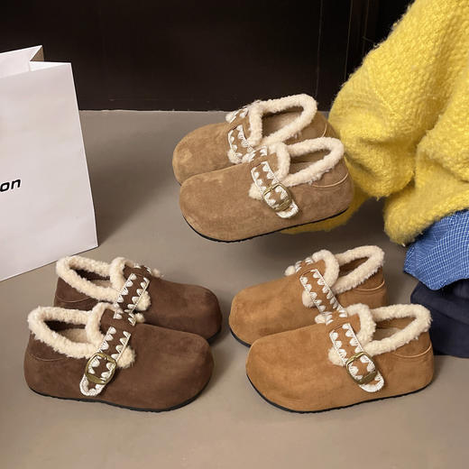 冬季加绒【复古刺绣花边勃肯鞋】一字扣雪地靴加绒保暖棉鞋 商品图4