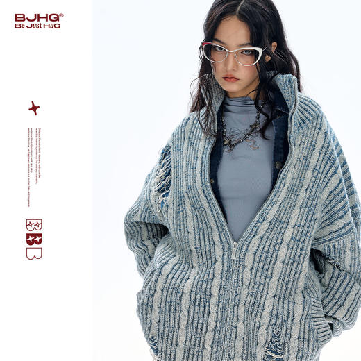 BJHG不计后果复古做旧毛衣男款冬季新款重磅仿牛仔水洗保暖外套女 商品图0