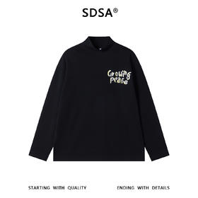 SDSA秋冬新款痞帅男装潮牌手绘花朵字母印花半高领长袖T恤百搭