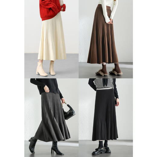 【内购】气质通勤简约半身裙橡筋松紧腰高温定褶显瘦弹力A字裙-W44Q56669 商品图1