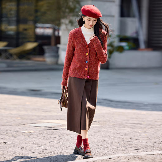 【内购】【羊彩衫】疗愈风多巴胺南瓜扣V领宽松显瘦含绵羊毛厚开衫毛衣-W54EB4847 商品图2