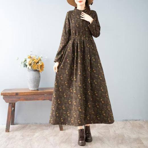 棉麻连衣裙文艺复古秋冬新款加绒加厚碎花长裙显瘦休闲大摆打底裙 商品图3