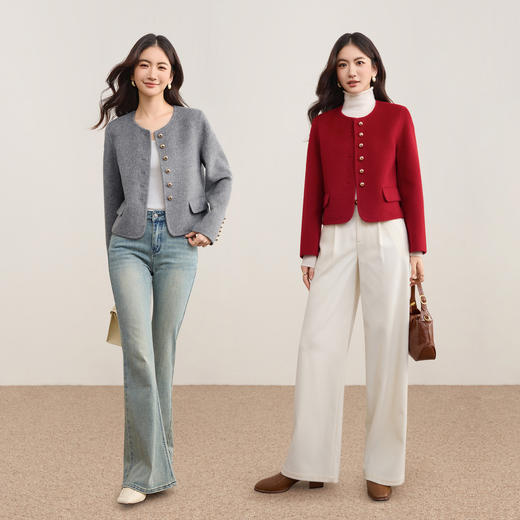 【内购】【100%绵羊毛】优雅气质通勤圆领金属蘑菇扣长袖厚保暖双面呢外套-W54OG3691X 商品图2