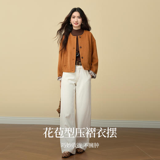 【周末秒杀】熙世界小香风花苞毛呢短外套女小个子秋冬季印花袖口圆领夹克上衣 商品图2