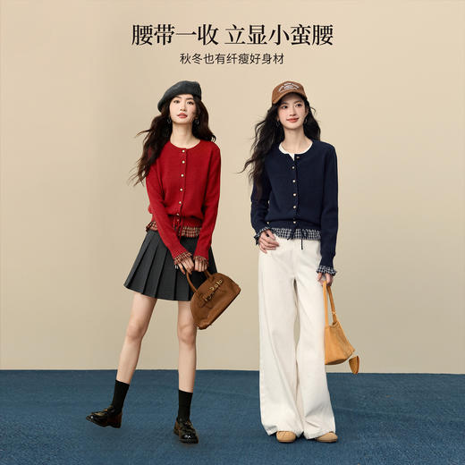 【11/19新品】熙世界【红运当头】miu系红色毛衣外套女假两件格纹拼接针织开衫 商品图2