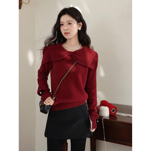 鹿向南「雷诺柔裘」大翻领蝴蝶结红色针织毛衣女秋冬保暖显瘦上衣 商品图3