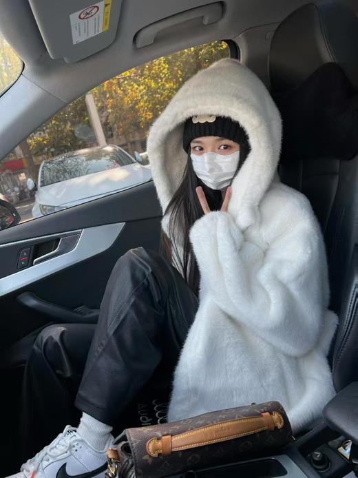 不掉绒法兰绒连帽立领天鹅绒皮草外套 商品图5