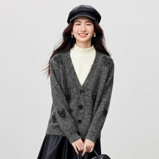 【内购】【璀璨爱心图案】V领拉花扣宽松显瘦含绵羊毛软糯弹力开衫毛衣-W54WN3871 商品图2