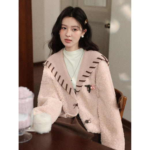 鹿向南「雾都恋人」粉色短外套时尚V领秋冬季外搭开衫小众上衣女 商品图4