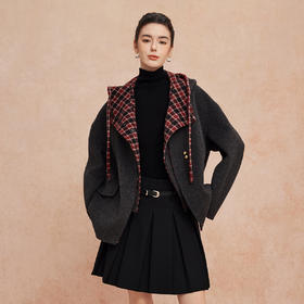 QH915斯尔丽25新款双面格子宽松外套+带帽马甲多穿法两件套
