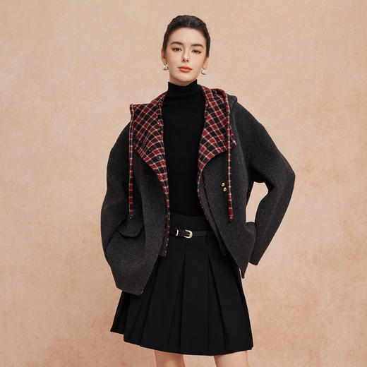 QH915斯尔丽25新款双面格子宽松外套+带帽马甲多穿法两件套 商品图0