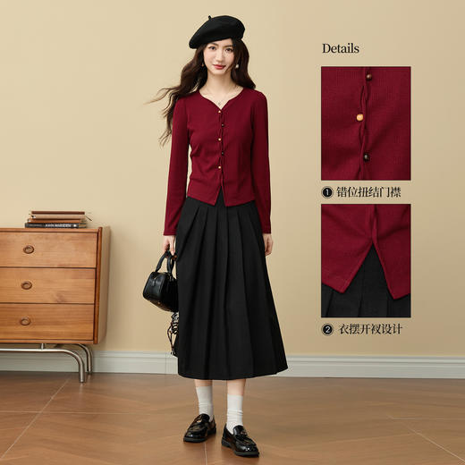 【11/19新品】熙世界【海棠红毛衣】撒银肌理套头针织衫女25年秋冬长袖V领上衣 商品图2