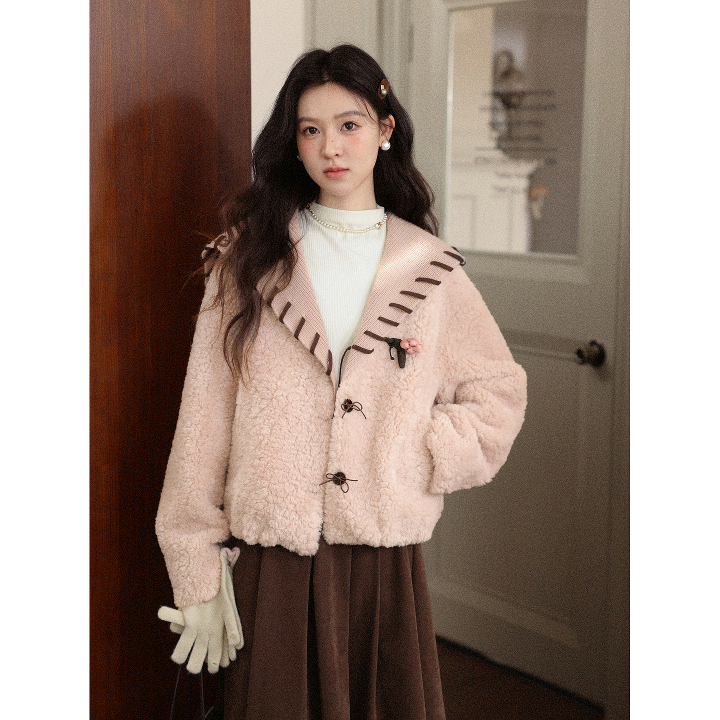 鹿向南「雾都恋人」粉色短外套时尚V领秋冬季外搭开衫小众上衣女