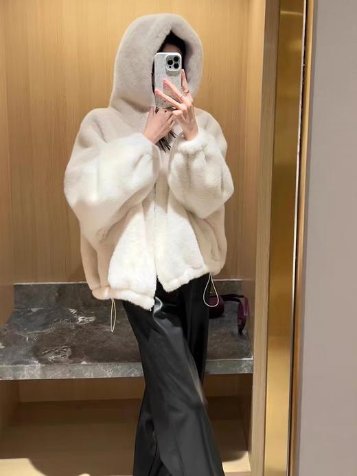 不掉绒法兰绒连帽立领天鹅绒皮草外套 商品图3