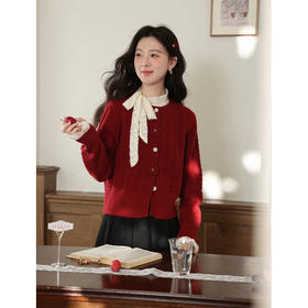 鹿向南「逸致闲情」法式减龄酒红色开衫毛衣女2025秋冬宽松短上衣