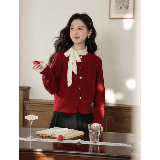 鹿向南「逸致闲情」法式减龄酒红色开衫毛衣女2025秋冬宽松短上衣 商品图0