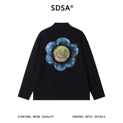 SDSA秋冬新款痞帅男装潮牌手绘花朵字母印花半高领长袖T恤百搭 商品图4