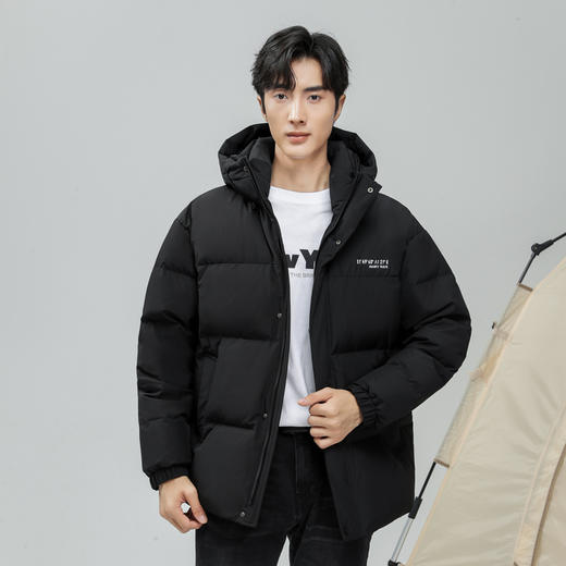 半身缘男女装 冬季男女同款情侣款连帽撞色拼接户外肌理感格纹羽绒服2556 商品图2