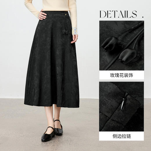 【内购】【遮肉显瘦】通勤国风金箔珠子玫瑰花装饰提花肌理A字半身裙-153QB4069 商品图3