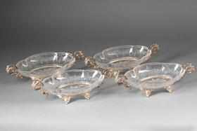 独角鹿西洋古董1880年代法国出品路易十五风格卷叶纹镀银精雕装饰花卉主题蚀刻水晶双耳果盘套件