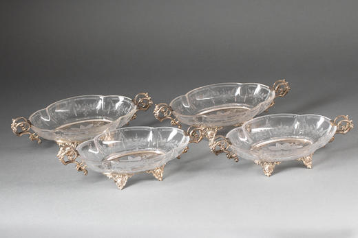 独角鹿西洋古董1880年代法国出品路易十五风格卷叶纹镀银精雕装饰花卉主题蚀刻水晶双耳果盘套件 商品图0