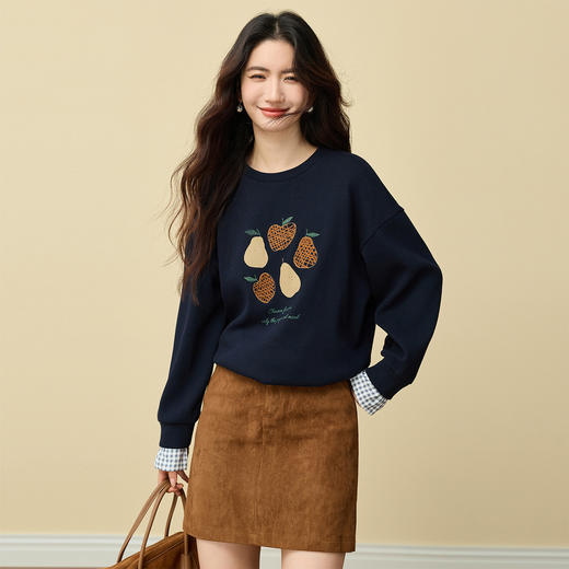 【年货节】熙世界香梨刺绣加绒卫衣韩系慵懒风女秋冬假两件格纹长袖拼接上衣 商品图4