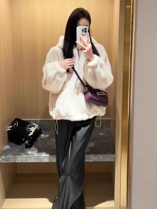 不掉绒法兰绒连帽立领天鹅绒皮草外套 商品图1