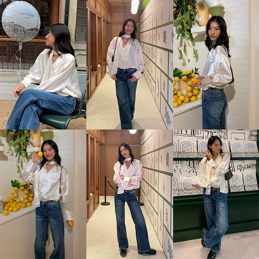 HIDEMI 进口百分醋酸飘带领设计感v领折叠袖压褶重工衬衫上衣 商品图2