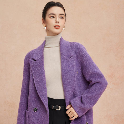 QH912斯尔丽2025新款薄滑爽软糯双面呢杂花一手长双排扣大衣 商品图4