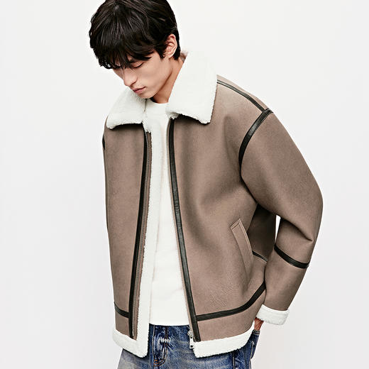 GXG男装 廓形棕色皮毛一体翻领撞色休闲夹克外套 25年冬季 商品图2