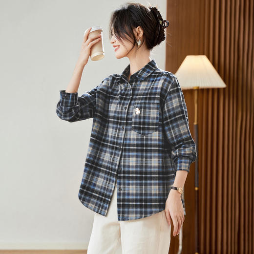 馥迦休闲百搭小狗刺绣磨毛格子衬衫 商品图1