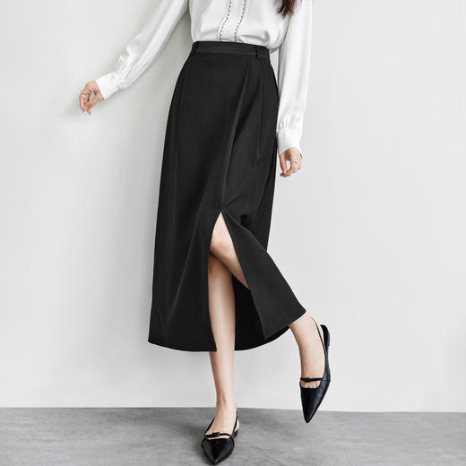 【内购】舒适通勤时尚后腰松紧带时尚开叉裙面压褶工艺A字裙-151Q80215X 商品图1